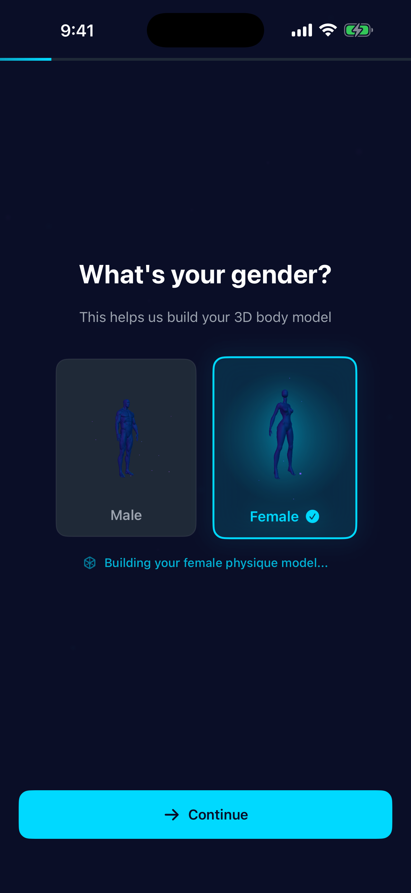 Gender selection screen — building 3D body model